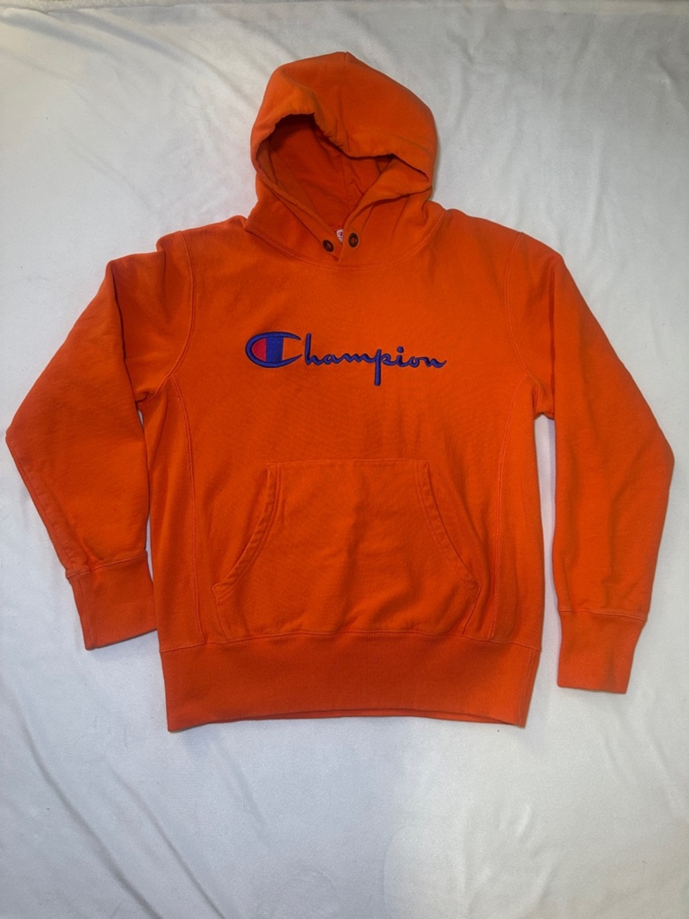 Vintage Champion Bright Orange Hoodie with Blue Script Logo Sweatshirt Size XL